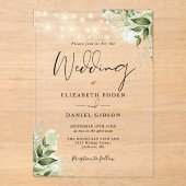 Greenery Floral String Lights Script Wedding アクリル招待状 (正面)