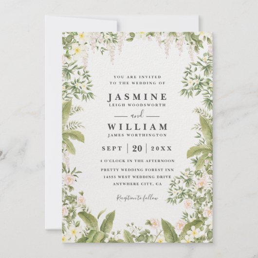 Greenery Floral Tropical Elegant QR Code Wedding 招待状 (正面)