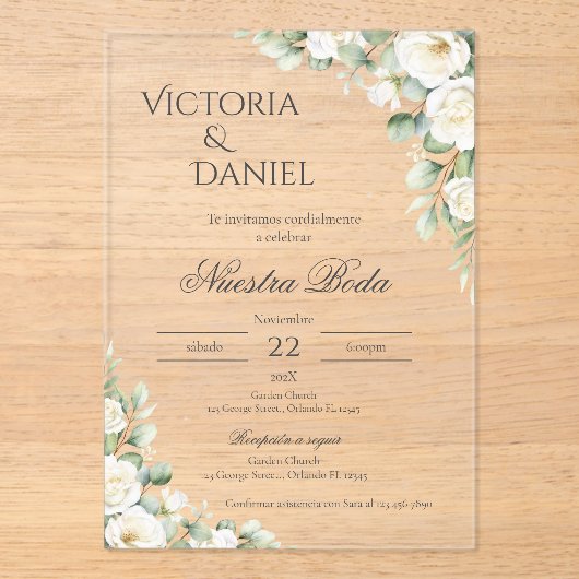 Greenery Floral wedding Acryl invitation Spanish アクリル招待状 (正面)