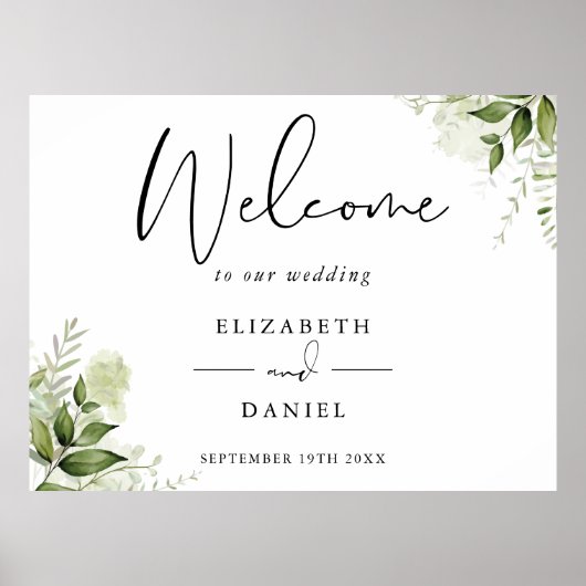 Greenery Floral Wedding Welcome Sign ポスター (正面)