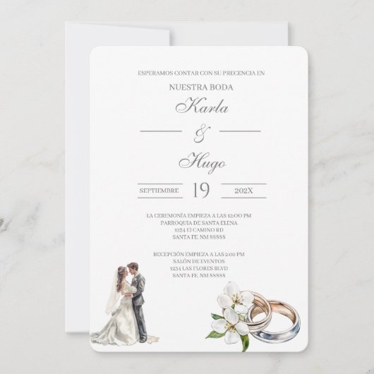 Greenery floral with ring Spanish Wedding 招待状 (正面)