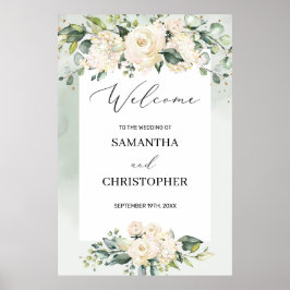 Greenery Foliage Boho White Florals Welcome Sign ポスター