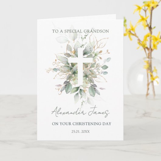 Greenery Foliage Cross Christening カード (黄色い花)