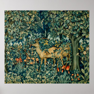 GREENERY,FOREST ANIMALS, DOES ,BIRDS Floral ポスター