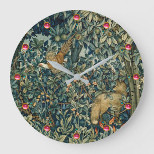 GREENERY,FOREST ANIMALS Pheasant ,Fox,Green Floral ラージ壁時計