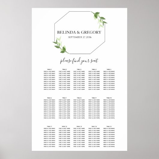 Greenery Garden Leaves Frame Wedding Seating Chart ポスター (正面)