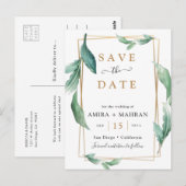 Greenery Geometric Frame Save the Date Postcard ポストカード (正面/裏面)