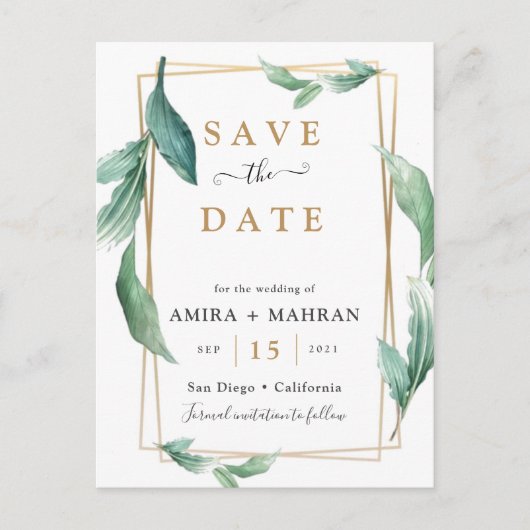 Greenery Geometric Frame Save the Date Postcard ポストカード (正面)
