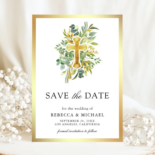 Greenery Gold Catholic Wedding セーブザデート