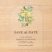 Greenery Gold Catholic Wedding Save the Date アクリル招待状 (正面)