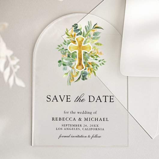 Greenery Gold Catholic Wedding Save the Date アクリル招待状