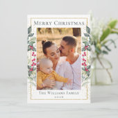Greenery Gold Christmas Holly Berries 2 Photo シーズンカード (スタンド正面)