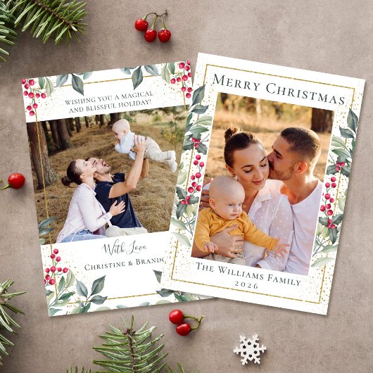 Greenery Gold Christmas Holly Berries 2 Photo シーズンカード