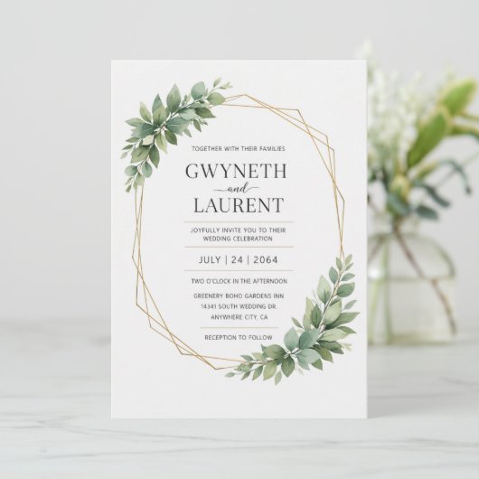 Greenery Gold Geometric Rustic Wedding Invitation 招待状 (スタンド正面)