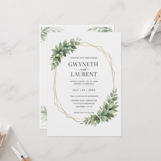 Greenery Gold Geometric Rustic Wedding Invitation 招待状 (正面/裏面インサイチュ)