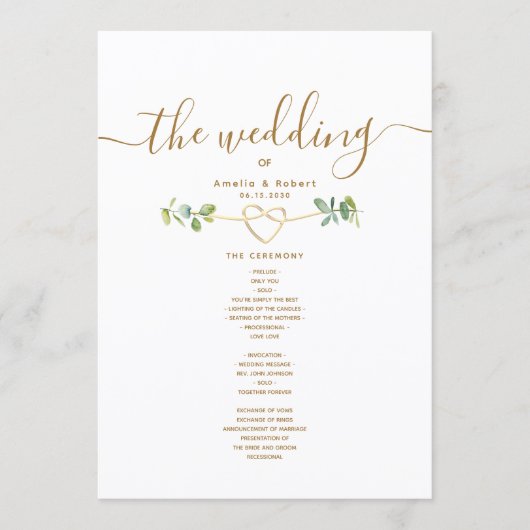 Greenery Gold Heart Wedding Program プログラム (正面)