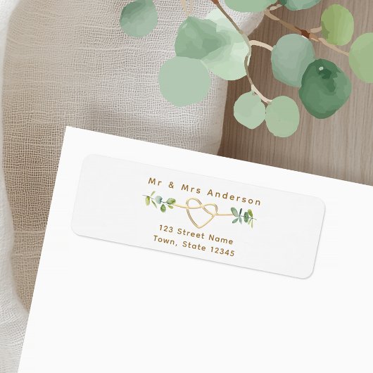 Greenery Gold Heart Wedding Return Address ラベル