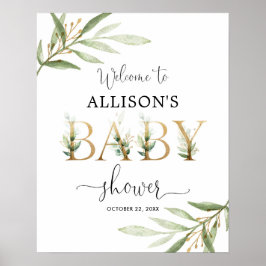 Greenery gold leaves baby shower welcome sign ポスター