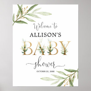 Greenery gold leaves baby shower welcome sign ポスター