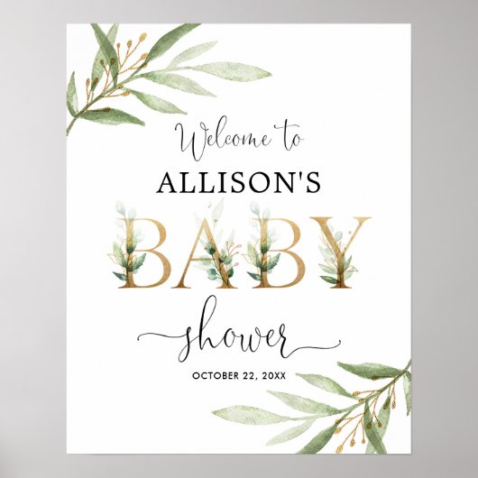 Greenery gold leaves baby shower welcome sign ポスター (正面)