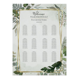 Greenery gold watercolour wedding seating chart ポスター