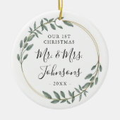 Greenery Gold Wreath Our First Christmas セラミックオーナメント (正面)