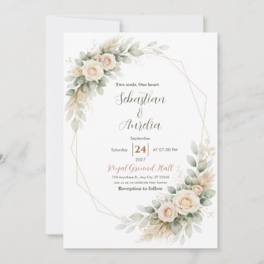 Greenery Green Eucalyptus & Floral Wedding Invite 招待状 (正面)