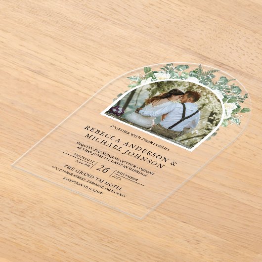 Greenery Ivory Floral Arch Wedding アクリル招待状 (レイダウン)