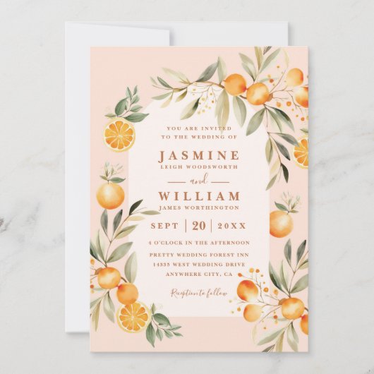 Greenery Juicy Oranges Rustic QR Code Wedding 招待状 (正面)