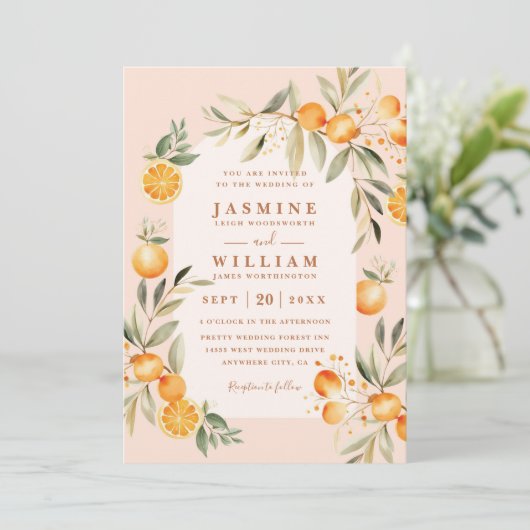 Greenery Juicy Oranges Rustic QR Code Wedding 招待状 (スタンド正面)