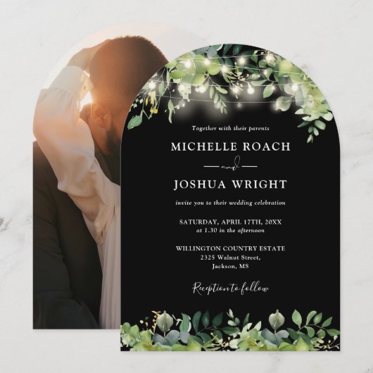 Greenery Lights Arch Black And White Photo 結婚's 招待状 (正面/裏面)