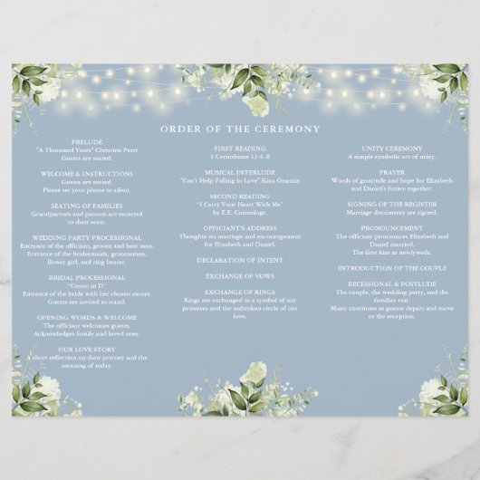 Greenery Lights Dusty Blue Trifold Wedding Program チラシ (裏面)