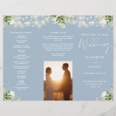 Greenery Lights Dusty Blue Trifold Wedding Program チラシ (正面)
