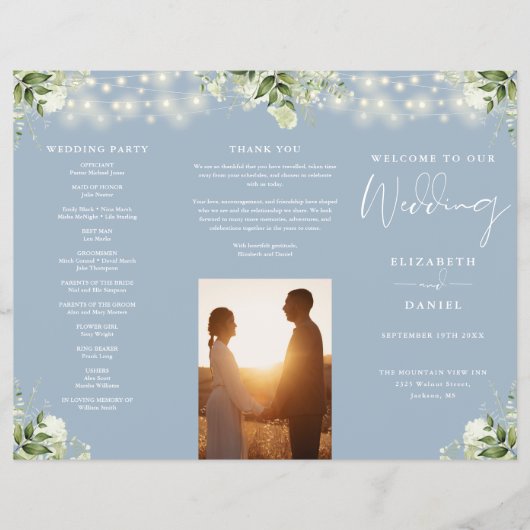 Greenery Lights Dusty Blue Trifold Wedding Program チラシ (正面)
