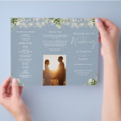 Greenery Lights Dusty Blue Trifold Wedding Program チラシ (手)