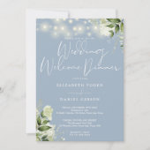 Greenery Lights Dusty Blue Wedding Welcome Dinner 招待状 (正面)