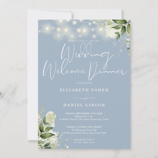 Greenery Lights Dusty Blue Wedding Welcome Dinner 招待状 (正面)