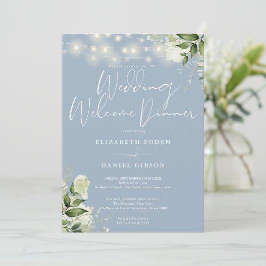 Greenery Lights Dusty Blue Wedding Welcome Dinner 招待状 (スタンド正面)
