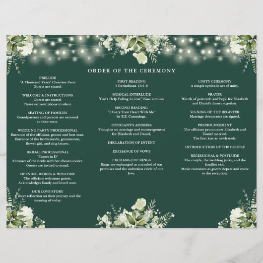 Greenery Lights Emerald Trifold Wedding Program チラシ (裏面)