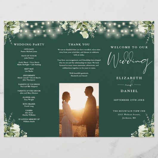 Greenery Lights Emerald Trifold Wedding Program チラシ (正面)