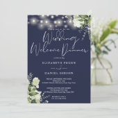 Greenery Lights Navy Blue Wedding Welcome Dinner 招待状 (スタンド正面)
