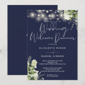 Greenery Lights Navy Blue Wedding Welcome Dinner 招待状 (正面/裏面)
