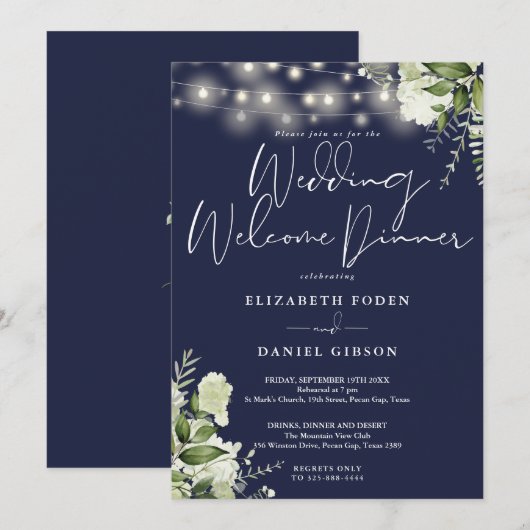 Greenery Lights Navy Blue Wedding Welcome Dinner 招待状 (正面/裏面)