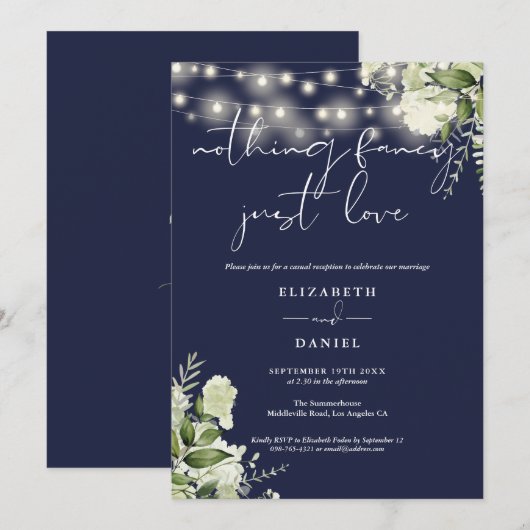 Greenery Lights Navy Elopement Wedding Reception 招待状 (正面/裏面)