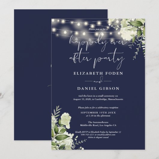 Greenery Lights Navy Happily Ever After Wedding 招待状 (正面/裏面)