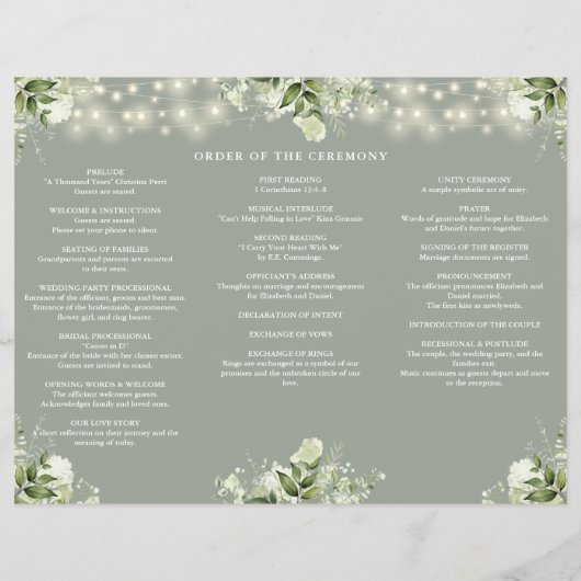 Greenery Lights Sage Green Trifold Wedding Program チラシ (裏面)