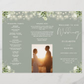 Greenery Lights Sage Green Trifold Wedding Program チラシ (正面)
