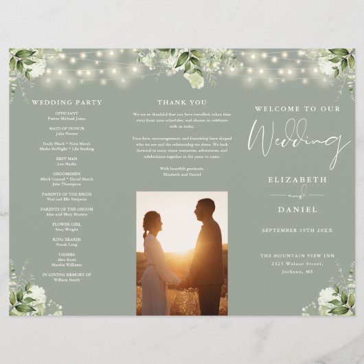 Greenery Lights Sage Green Trifold Wedding Program チラシ (正面)
