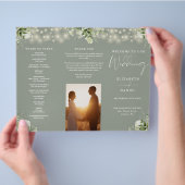 Greenery Lights Sage Green Trifold Wedding Program チラシ (手)