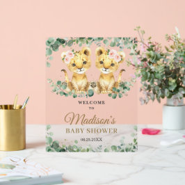 Greenery Lions Twin Girls Baby Shower Welcome アクリルサイン
